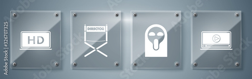 Set Online play video , Funny and scary ghost mask, Director movie chair and Laptop screen with HD video technology . Square glass panels. Vector