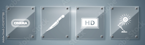 Set Table lamp , Laptop screen with HD video technology , Knife and Cinema poster design template . Square glass panels. Vector
