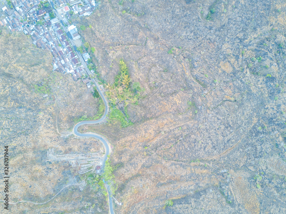 Aerial view of street village at mountain hill