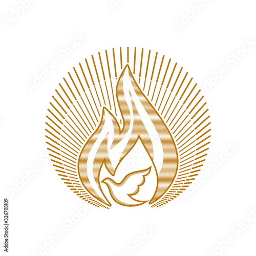Church logo. Christian symbols. Flames and dove, as symbols of the Holy Spirit.