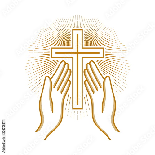 Church logo. Christian symbols. Hands raised to the cross of the Lord Jesus Christ.