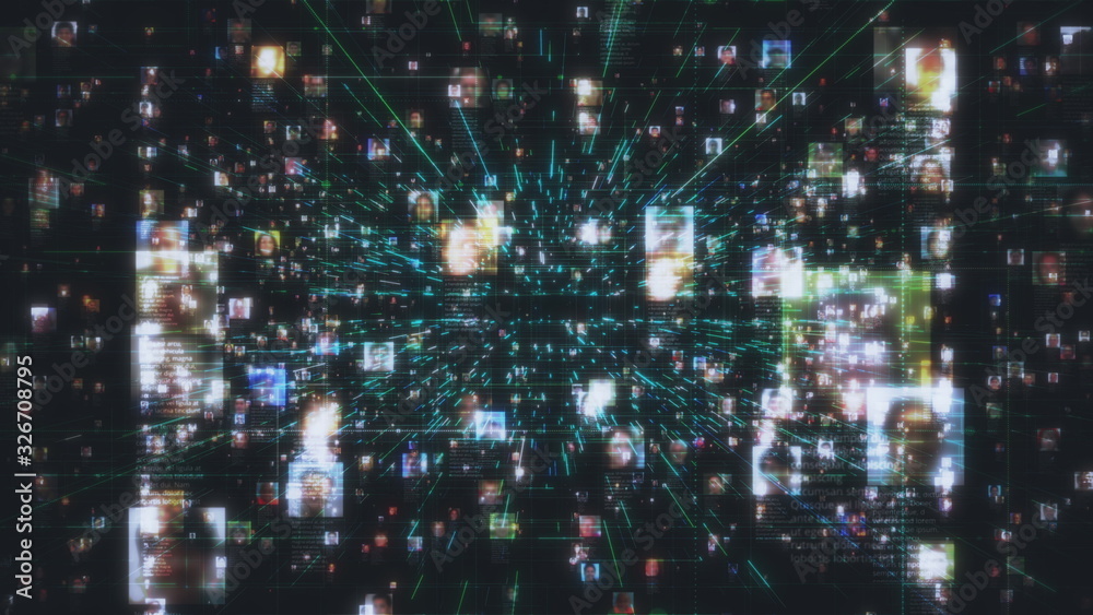 Obraz premium artificial intelligence concept with a social network as a dark stream of unrecognizable people portraits connecting each other in the global web with blue lines on black background, 3d rendering 4K