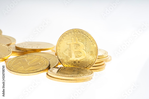 Bitcoins with white background.