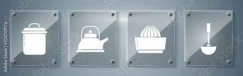 Set Kitchen ladle , Citrus fruit juicer , Kettle with handle and Cooking pot . Square glass panels. Vector
