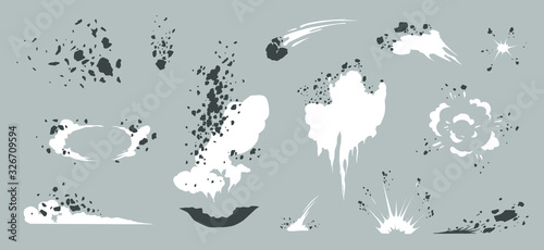 Vector smoke set special effects template. Cartoon steam clouds, puff, mist, fog, watery vapour or dust explosion 2D VFX illustration. Clipart element for game, print, advertising, menu and web desi