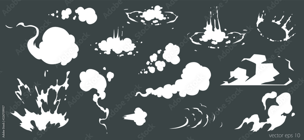 Vector smoke set special effects template. Cartoon steam clouds, puff, mist, fog, watery vapour or dust explosion 2D VFX illustration. Clipart element for game, print, advertising, menu and web design