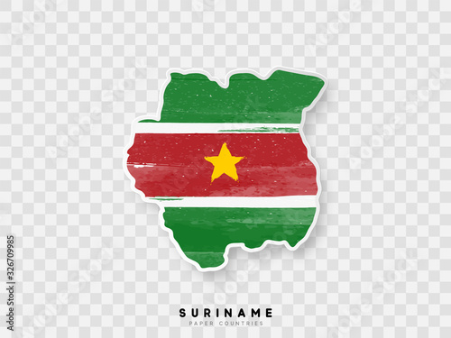 Suriname detailed map with flag of country. Painted in watercolor paint colors in the national flag.