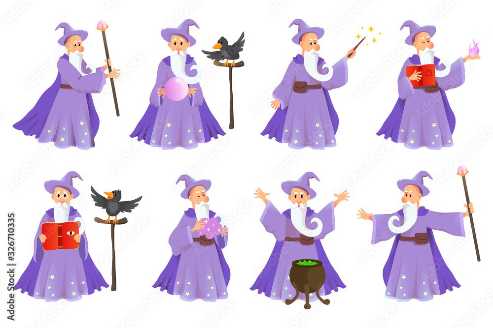 Cartoon old wizard in various poses. Cartoon old wizard in various poses.