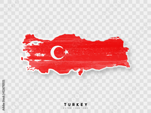 Turkey detailed map with flag of country. Painted in watercolor paint colors in the national flag.