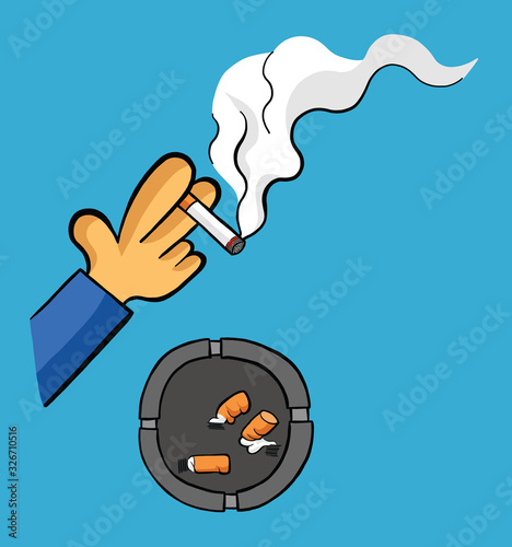 Man smoking cigarette with ashtray and cigarette butts vector illustration.