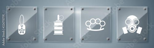 Set Gas mask , Brass knuckles , Hand grenade and Military dog tag . Square glass panels. Vector