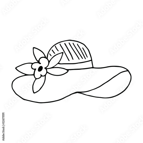 Hand drawn womans hat with flower. Beauty accessorize for spring or summer. Black lines vector illustration for design. 