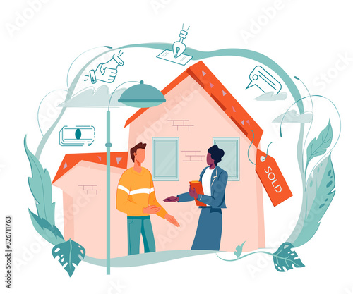 Real estate agent and client make agreement about property sale or rental at sold house background. Real estate agency banner - mortgage, sale and investments to housing. Flat vector illustration.