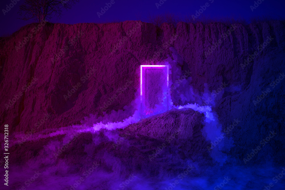Strange fluorescent light layout with glowing neon frame,door and smoke on vibrant  background.Copy space for poster, banner, invitation,Fairy misterious,mystical Illustraion. Paranormal portal - obrazy, fototapety, plakaty 