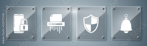 Set Ringing bell , Shield , Paper shredder confidential and Smartphone with closed padlock . Square glass panels. Vector