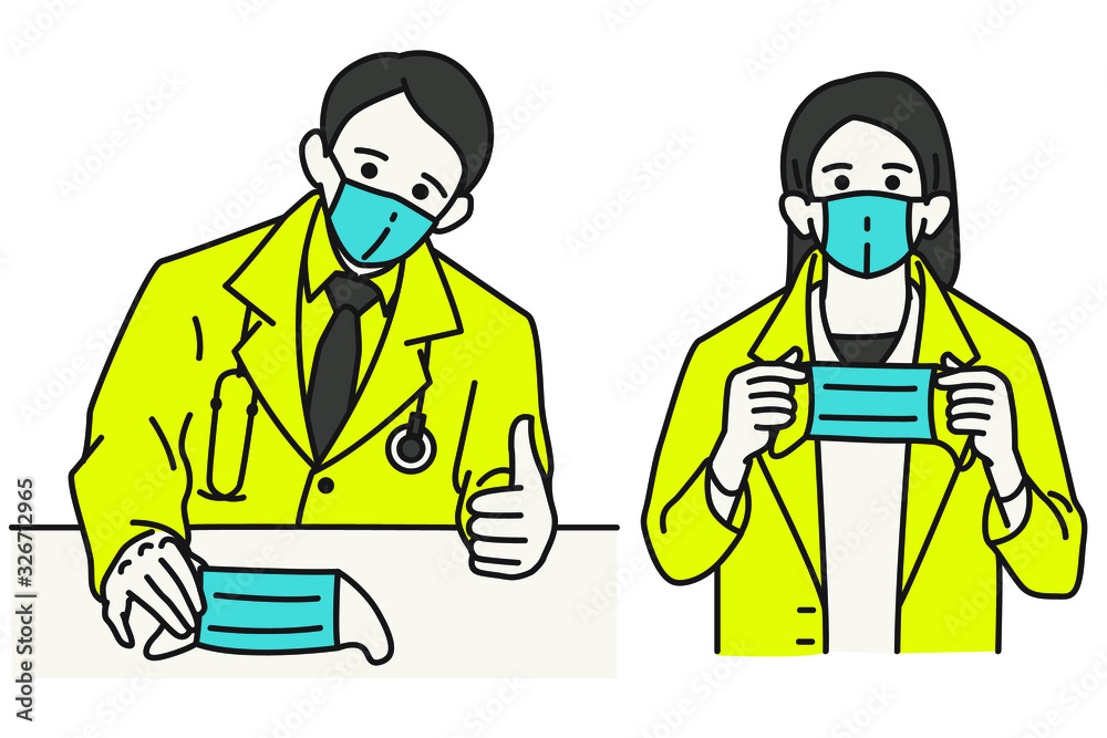 Illustration portrait of doctors wearing and presenting surgical mask in wearing mask campaign