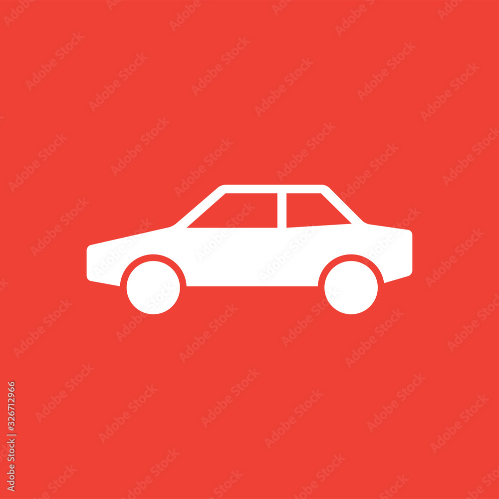 Car Icon On Red Background. Red Flat Style Vector Illustration