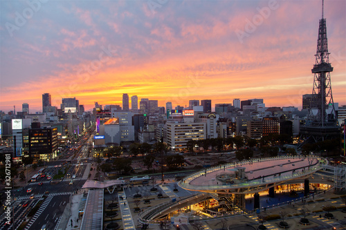 Nagoya downtown cityscape at sunset