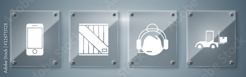 Set Forklift truck , Support operator in touch, Wooden box and Mobile phone with app delivery tracking. Square glass panels. Vector