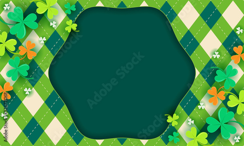 St. Patrick's Day Background vector illustration. Shamrock on green argyle pattern. vintage frame