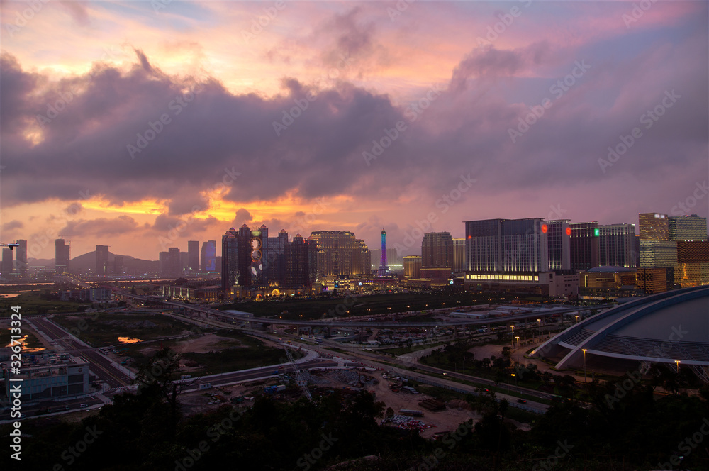 Macau aerial cityscape at sunset