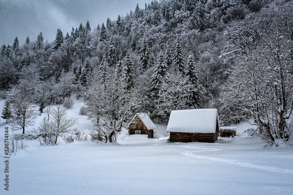 abandoned wooden cabins in snowy mountains abandoned wooden cabins in snowy mountains