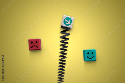 Customer satisfaction happy and sad face on wood blocks with arrow pointing to positive emotion - Business rating measurement decision scale - Client review, brand loyalty and guest experience concept