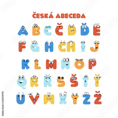 Czech colorful latin alphabet for kids education with doodle hand drawn characters. Easy to print for poster, banner, flyer. card, book.