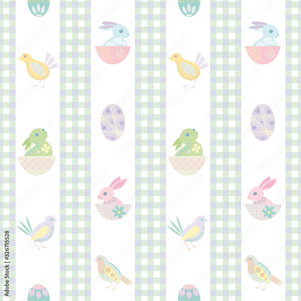 Easter bunny seamless vector pattern background. Decorated folk art rabbits, chicks, eggs illustration. Scandinavian style baby animals and gingham stripe backdrop. Christian lent celebration concept