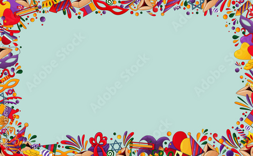 Happy Purim background. Purim frame with traditional design Jewish Holiday elements, icons. Hamantaschen cookies, carnival mask, star of David,ratchet, oznei Haman, confetti. Purim party border.