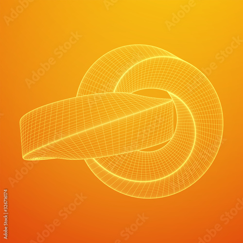 Mobius strip ring knot sacred geometry. Spatial figure with upturned surfaces. Optical illusion with dual circular contour. Wireframe low poly mesh vector illustration.