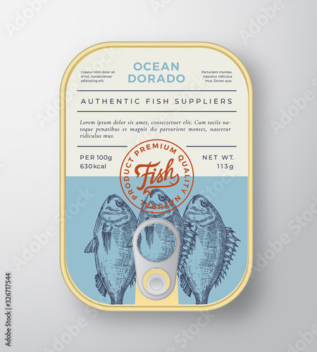 Canned Ocean Fish Abstract Vector Aluminium Container Packaging Design or Label. Modern Typography Banner, Hand Drawn Dorado Silhouette with Lettering Logo. Color Paper Background Layout.