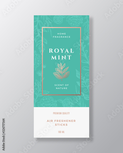 Mint Spice Home Fragrance Abstract Vector Label Template. Hand Drawn Sketch Flowers, Leaves Background and Retro Typography. Premium Room Perfume Packaging Design Layout. Realistic Mockup.