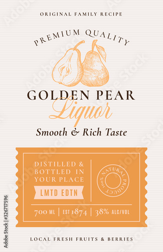 Family Recipe Pear Liquor Acohol Label. Abstract Vector Packaging Design Layout. Modern Typography Banner with Hand Drawn Pears with a Slice Silhouette Logo and Background.
