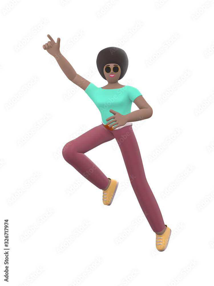 Young cheerful African girl dancing and jumping with arms raised up. Positive character in casual colored clothes. Funny, happy cartoon man, student, teenager minimal style. 3D rendering. Young cheerful African girl dancing and jumping with arms raised up. Positive character in casual colored clothes. Funny, happy cartoon man, student, teenager minimal style. 3D rendering.