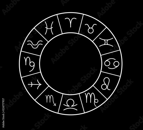 Foto Illustration of zodiac wheel with astrological signs on black background