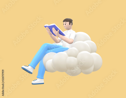 Young cheerful guy in the sky on a cloud is reading a book. Literature fan in casual colored clothes on a yellow background. Funny, abstract cartoon people. 3D rendering.