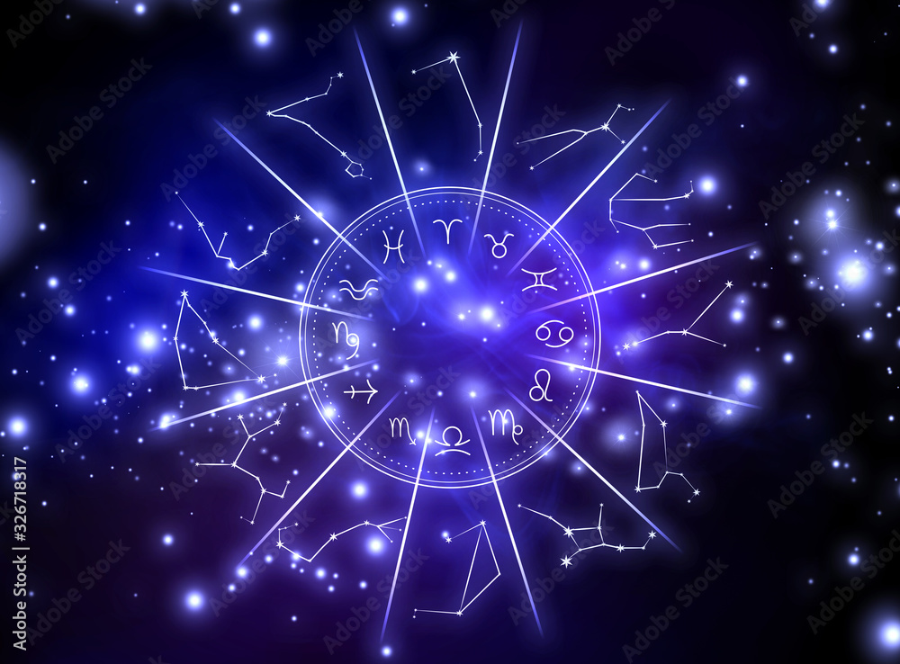 Illustration of night sky with stars and zodiac wheel - obrazy, fototapety, plakaty 
