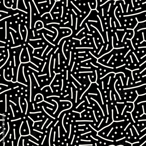 Seamless vector abstract pattern with lines and dots in monochrome. Background of repeatable organic rounded shapes inspired by nature  natural maze texture.