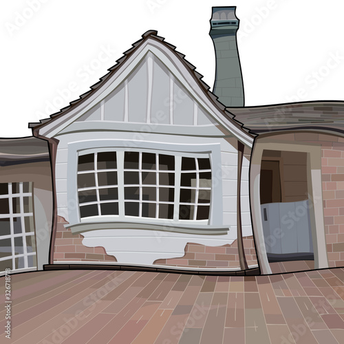 cartoon one story wooden white house with a yard