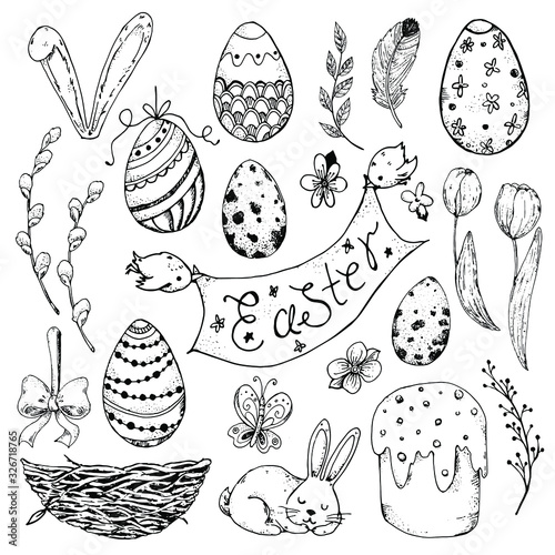 Hand drawn Easter set black and white vector illustration. Pages for coloring, easter elements. Line Hand Drawn Doodle Happy Easter Day Vector Set. Doodle Funny Set.  Easter eggs, bunny, tulips.