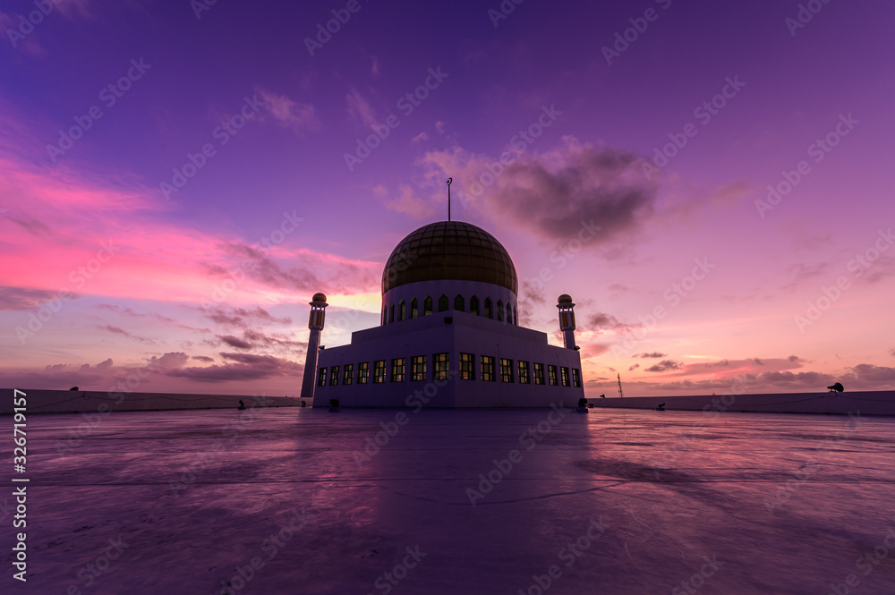 Beautiful central mosque with sunset in songkla , songkla Province, Thailand