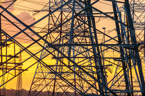 Pylon tower with orange sunset background