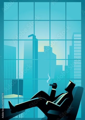 Businessman smoking cigar near the window with the view of skyscrappers.