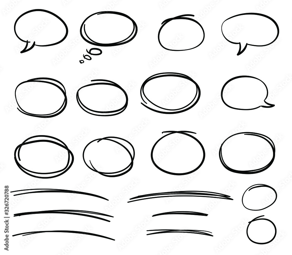 Fototapeta premium Set of speech bubbles, frames and underliners in hand drawn style. Vector collection.