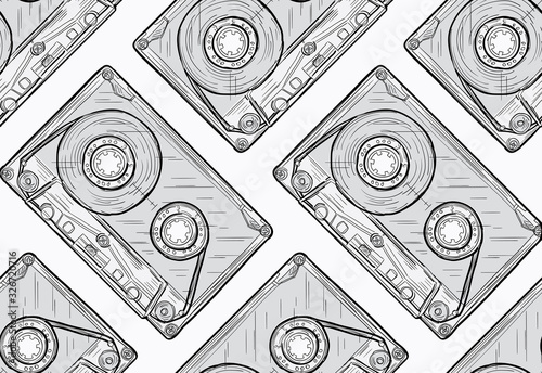 Black and white drawn audio cassettes seamless pattern