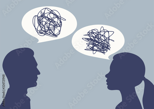 Dialogue between a man and a woman. Silhouettes of people and speech bubbles. Vector illustration photo