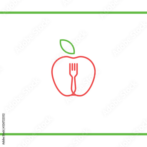 Lineart Apple with fork and leafe. Abstract food logo icon vector design. Recipe, cooking, course, restaurant, vegan food vector logo. Editable Design. Apple with leaf and fork logo