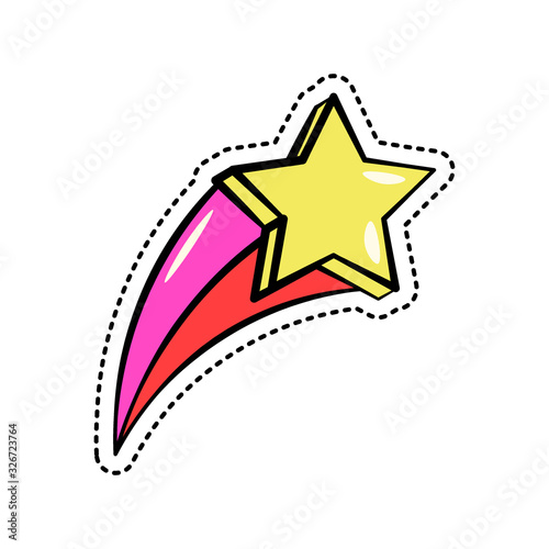 Colorful fashion sticker with falling yellow star, shiny pink and red trace, trendy patch badge isolated, vector illustration.
