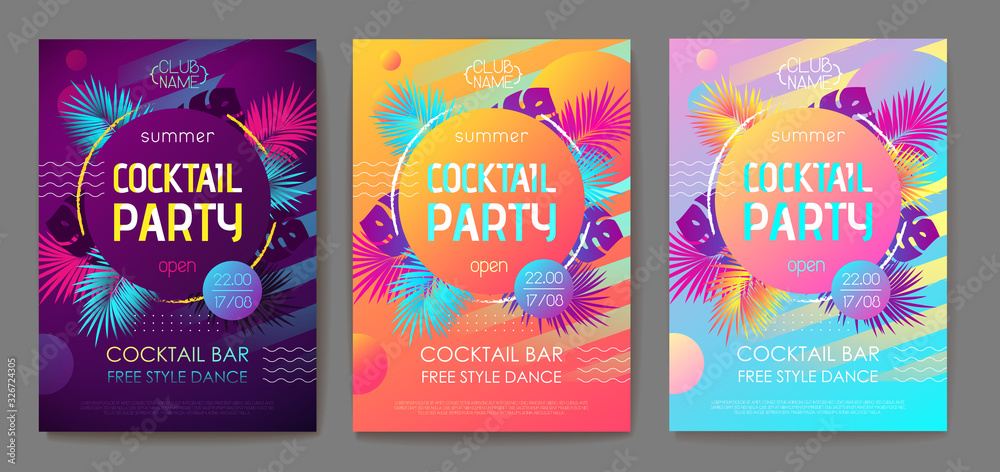Set of colorful summer tropical gradient backgrounds with geometric elements. Summer disco cocktail party poster. Summertime template collection. Set of colorful summer tropical gradient backgrounds with geometric elements. Summer disco cocktail party poster. Summertime template collection.